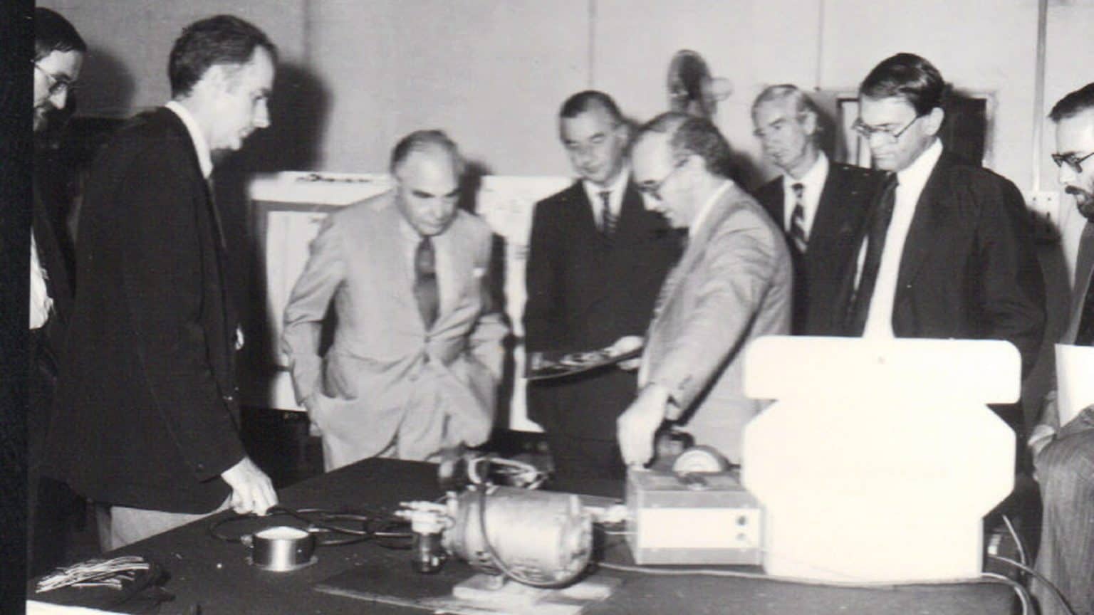 Harry Openheimer, Chairman of Anglo American Corporation being shown some new developments by John Moshal, founder and managing director of Conlog (now Omniflex) during a tour of the factory circa 1980.